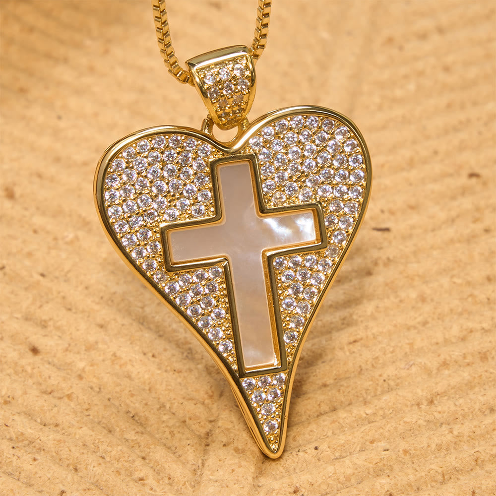 Pave Zircon Heart Necklace With Mother-of-Pearl Cross: Emblem of Sincere Heavenly Devotion