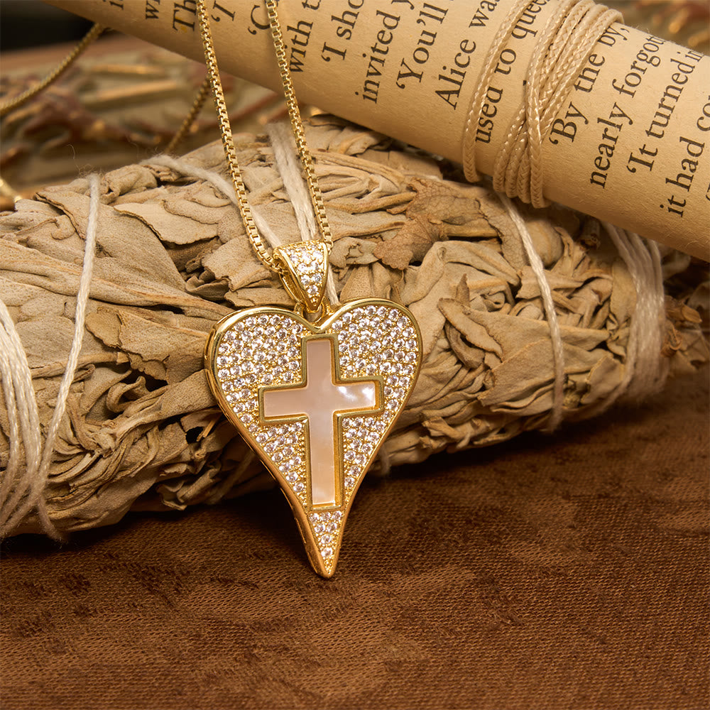 Pave Zircon Heart Necklace With Mother-of-Pearl Cross: Emblem of Sincere Heavenly Devotion
