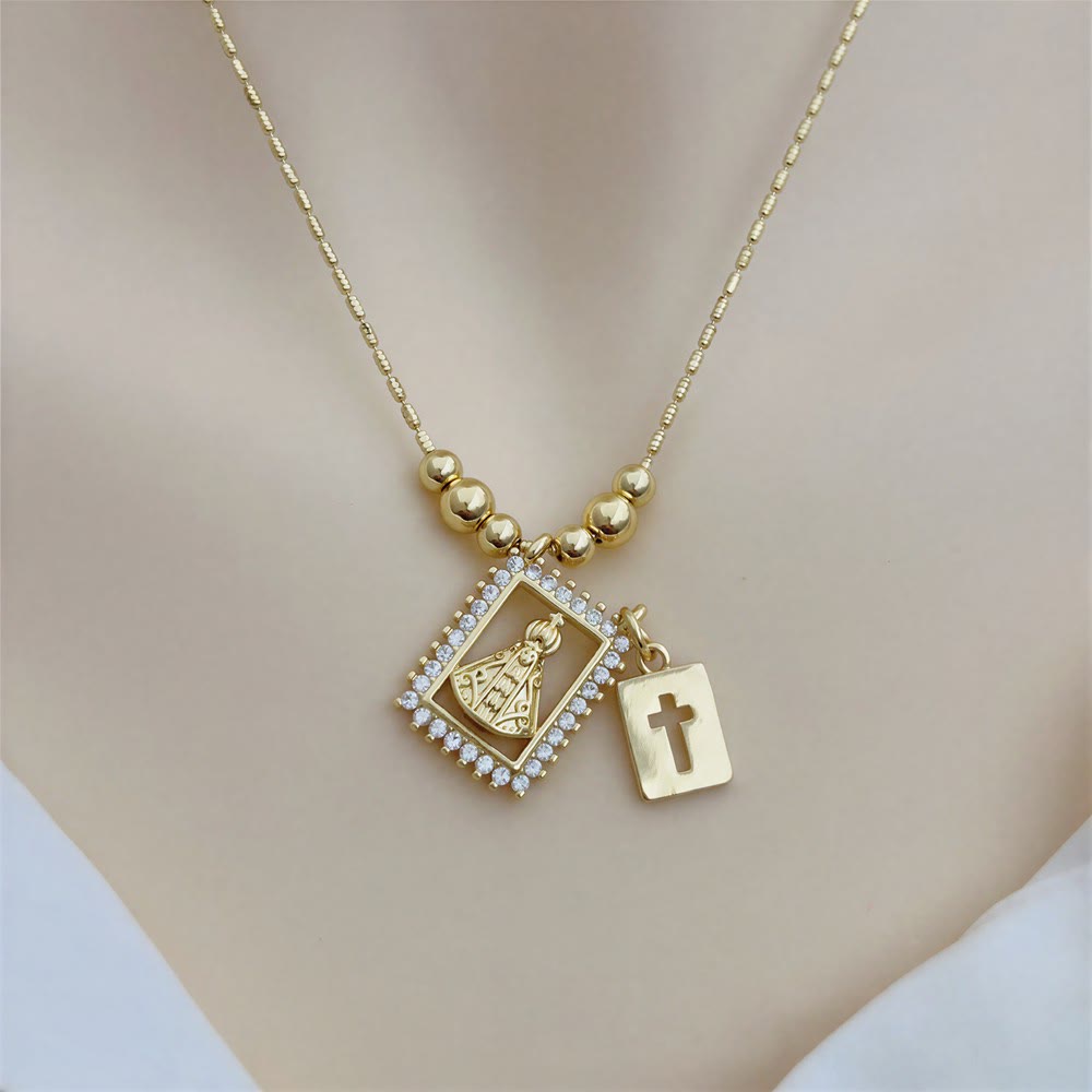 Bead Chain Holy Medallion Cross Necklace: Emblem of Tender Heavenly Comfort