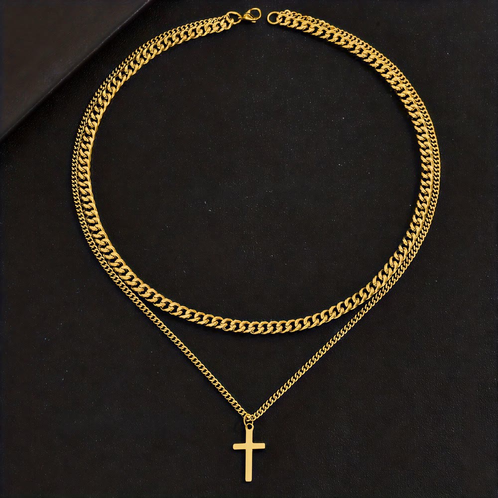 Layered Curb Chain Cross Pendant Necklace: Emblem of Steadfast Heavenly Shelter