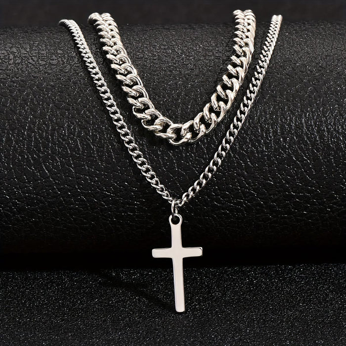 Layered Curb Chain Cross Pendant Necklace: Emblem of Steadfast Heavenly Shelter