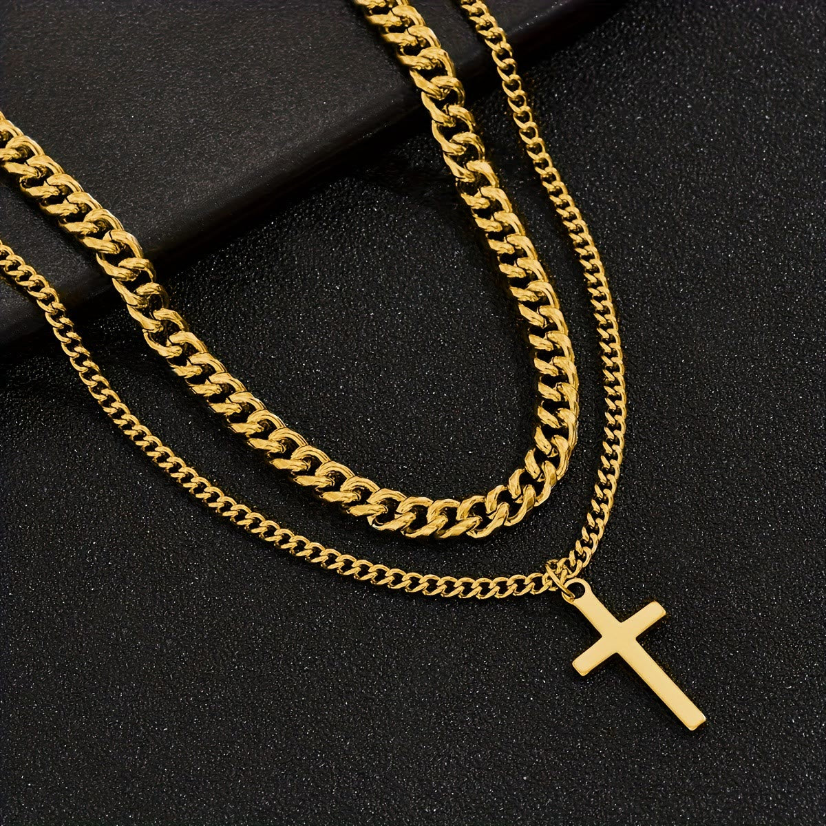 Layered Curb Chain Cross Pendant Necklace: Emblem of Steadfast Heavenly Shelter