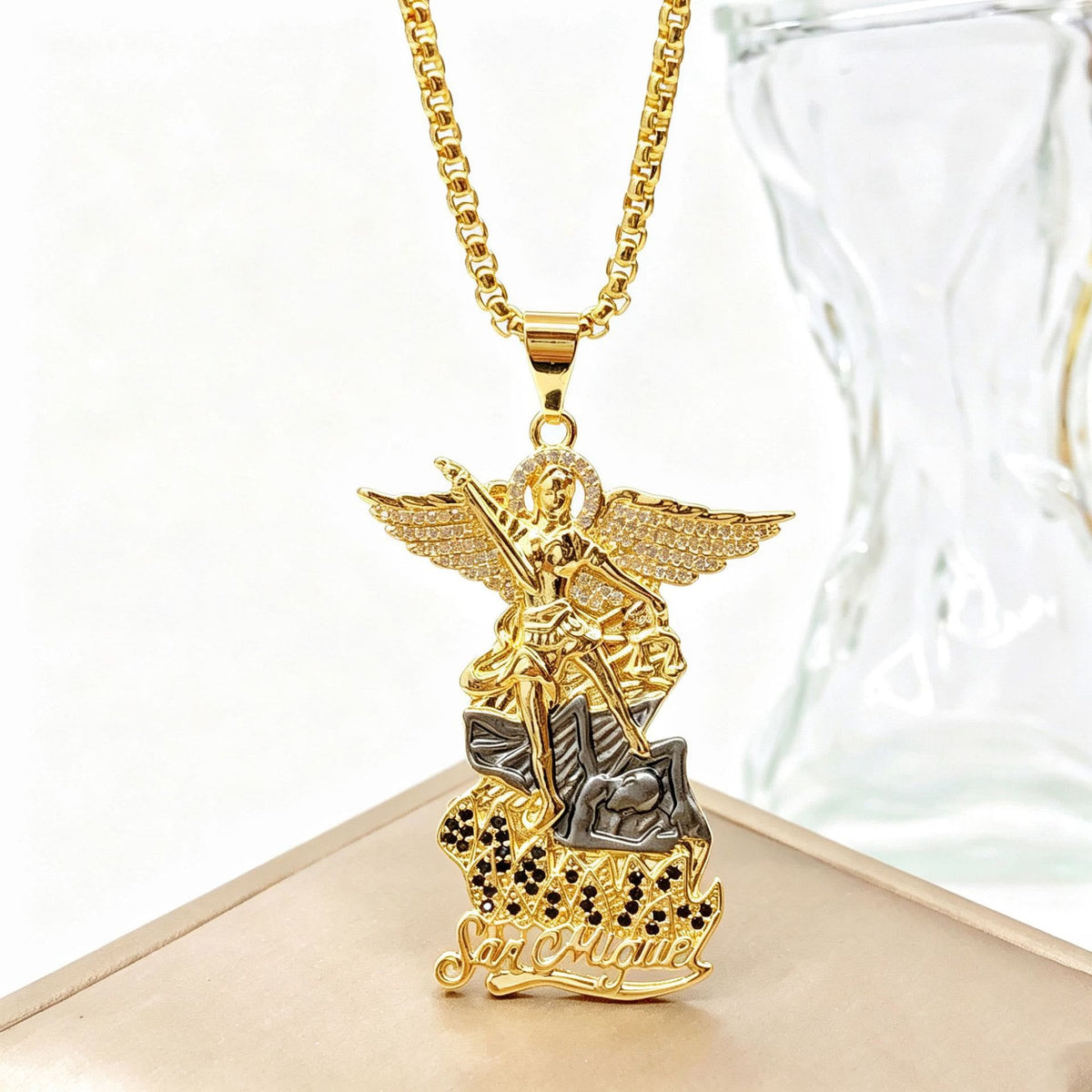 Saint Michael Archangel Pendant Necklace Cubic Zirconia Inlaid Guardian Angel Chain