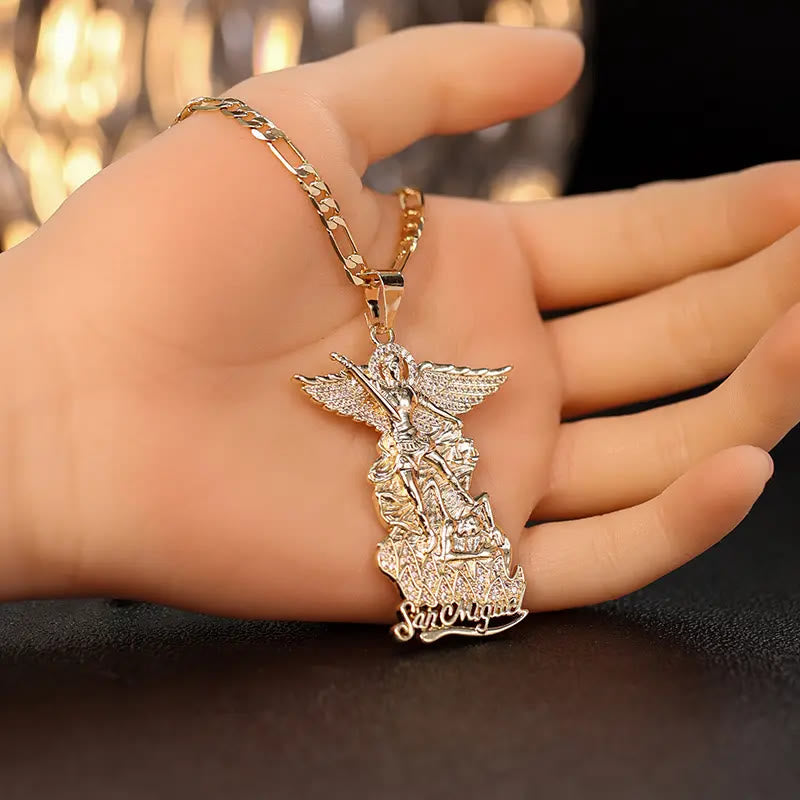 Saint Michael Archangel Pendant Necklace Cubic Zirconia Inlaid Guardian Angel Chain