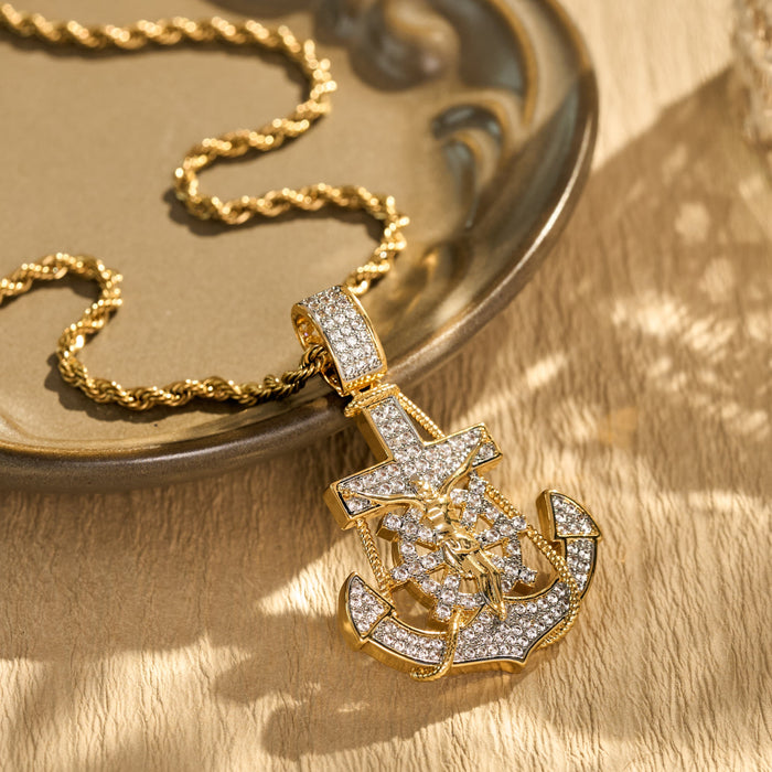 Fully‑Stoned Anchor Crucifix Ship‑Wheel Pendant Necklace: Emblem of Steadfast Heavenly Hope