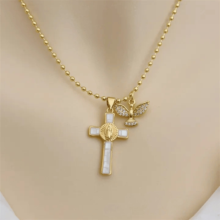 Holy Spirit Pastel Inlaid Cross Necklace Emblem of Heavenly Protection