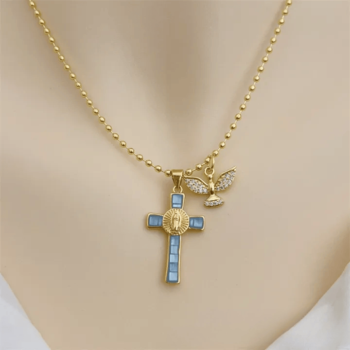 Holy Spirit Pastel Inlaid Cross Necklace Emblem of Heavenly Protection
