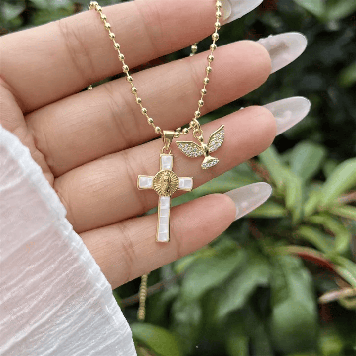 Holy Spirit Pastel Inlaid Cross Necklace Emblem of Heavenly Protection
