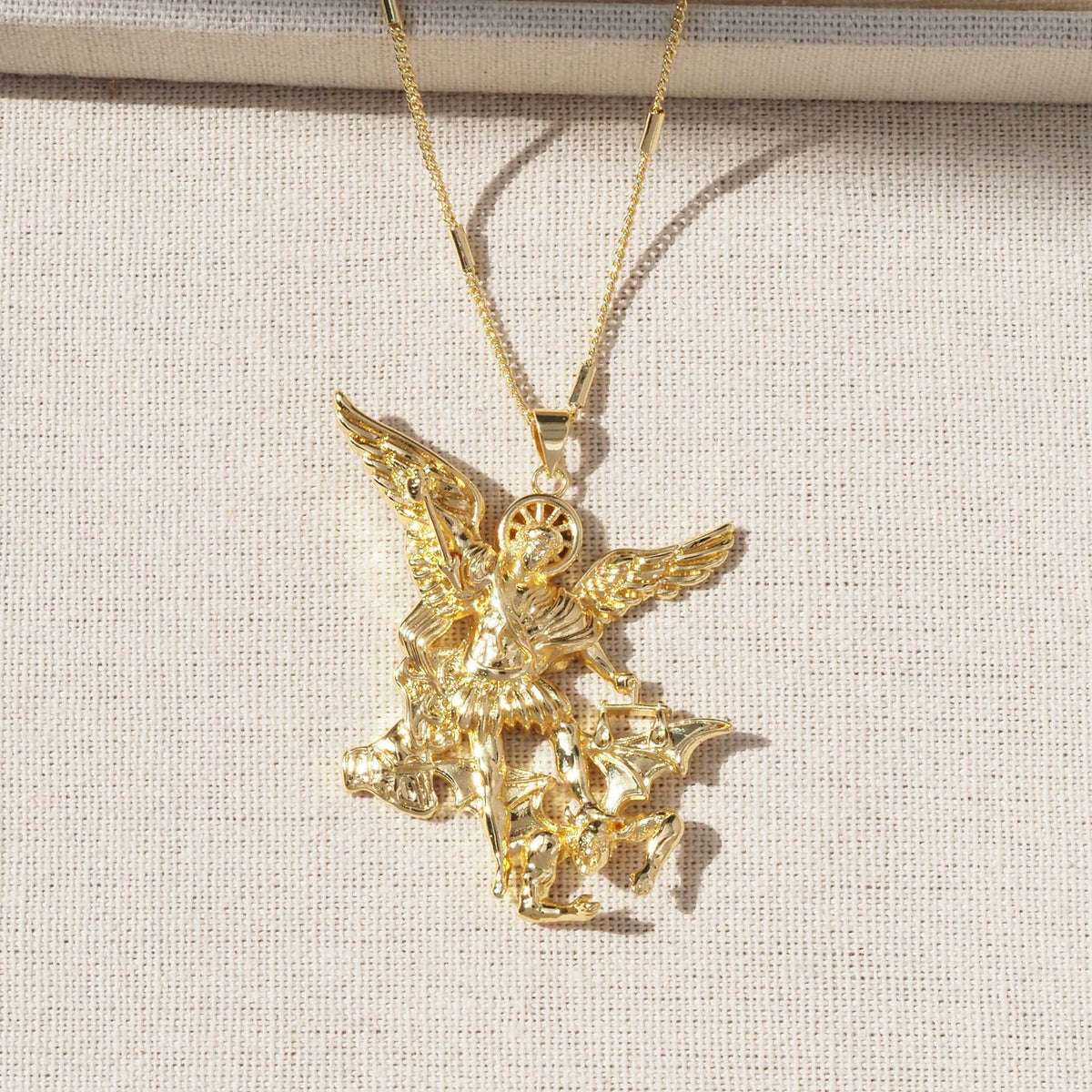Ornate Shield‑Shaped Saint Pendant Necklace: Emblem of Mighty Heavenly Protection