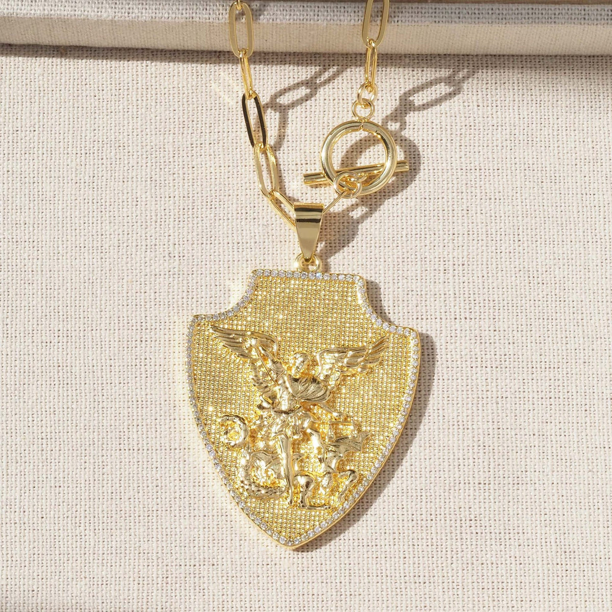 Ornate Shield‑Shaped Saint Pendant Necklace: Emblem of Mighty Heavenly Protection