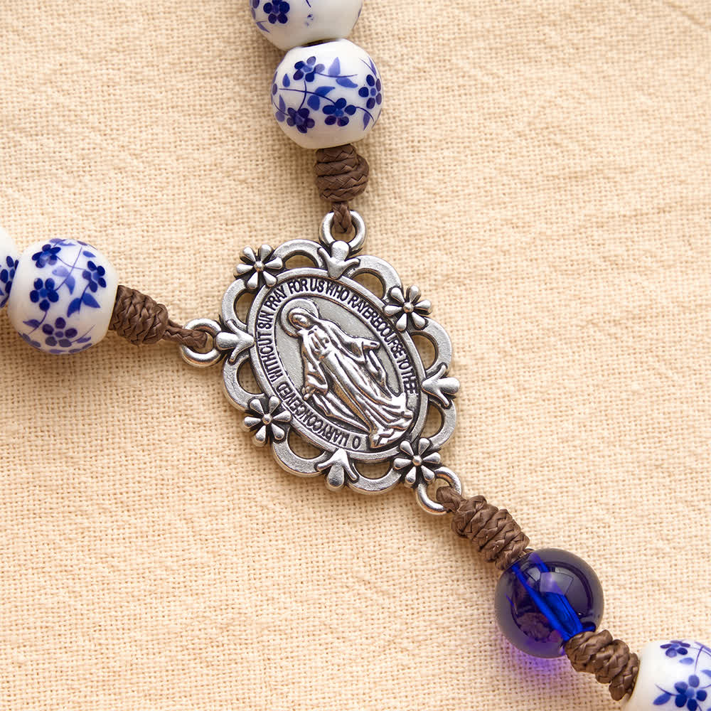 Floral Blue‑and‑White Porcelain Rosary With Floral Silver Cross & Virgin Mary Medal