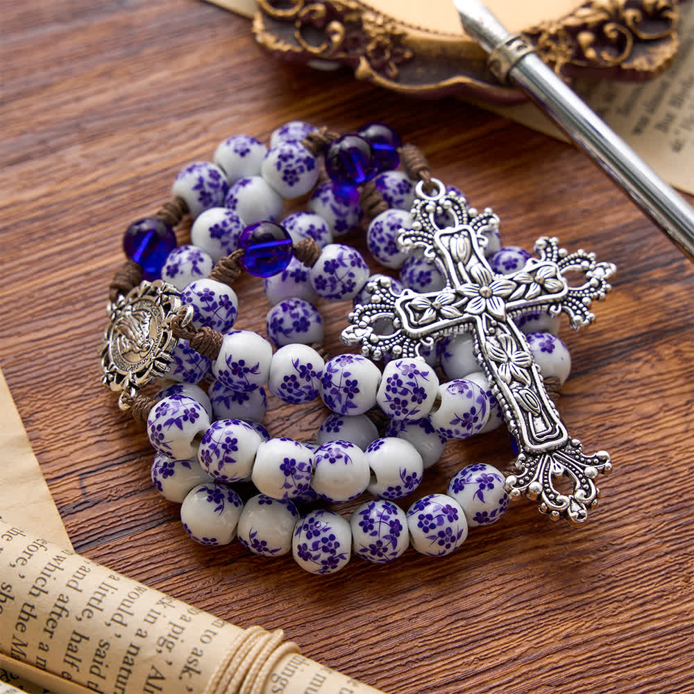 Floral Blue‑and‑White Porcelain Rosary With Floral Silver Cross & Virgin Mary Medal