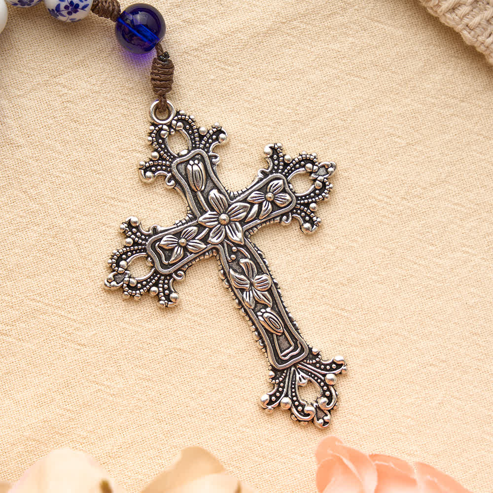 Floral Blue‑and‑White Porcelain Rosary With Floral Silver Cross & Virgin Mary Medal