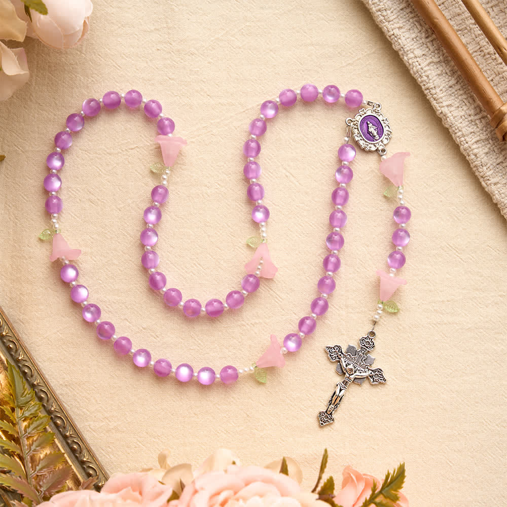 Luminous Resin Cat‑Eye Bead Rosary With Delicate Lily Accents: Emblem of Gentle Heavenly Solace