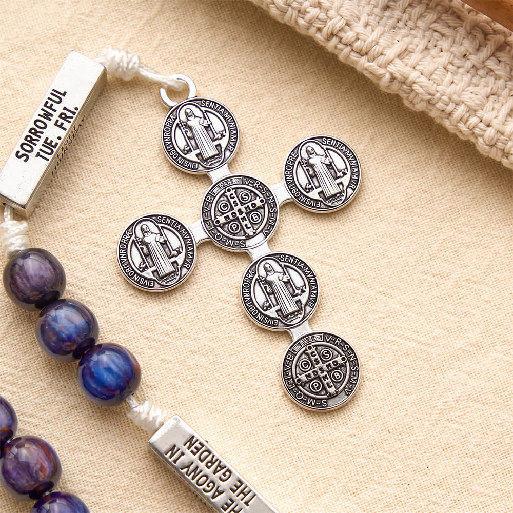 Engraved Scripture‑Node Resin Bead Rosary With St.Benedict Cross: Emblem of Focused Heavenly Solace