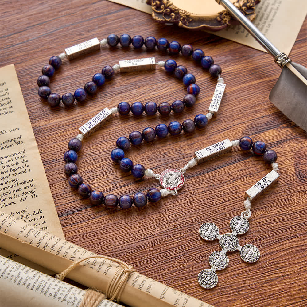 Engraved Scripture‑Node Resin Bead Rosary With St.Benedict Cross: Emblem of Focused Heavenly Solace