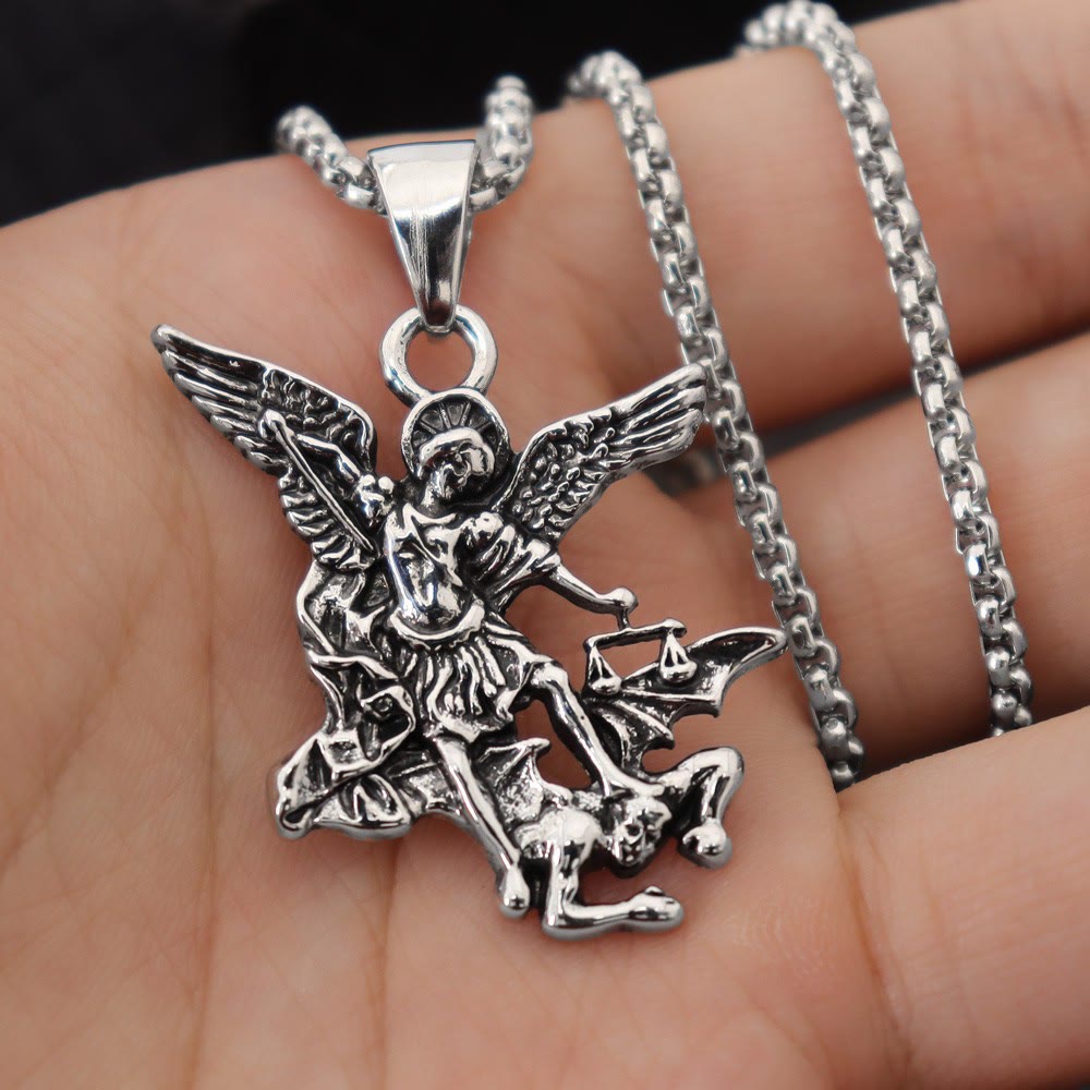 Intricate Sculpted St.Michael Pendant Necklace With Justice Scales: Emblem Of Mighty Heavenly Safeguard