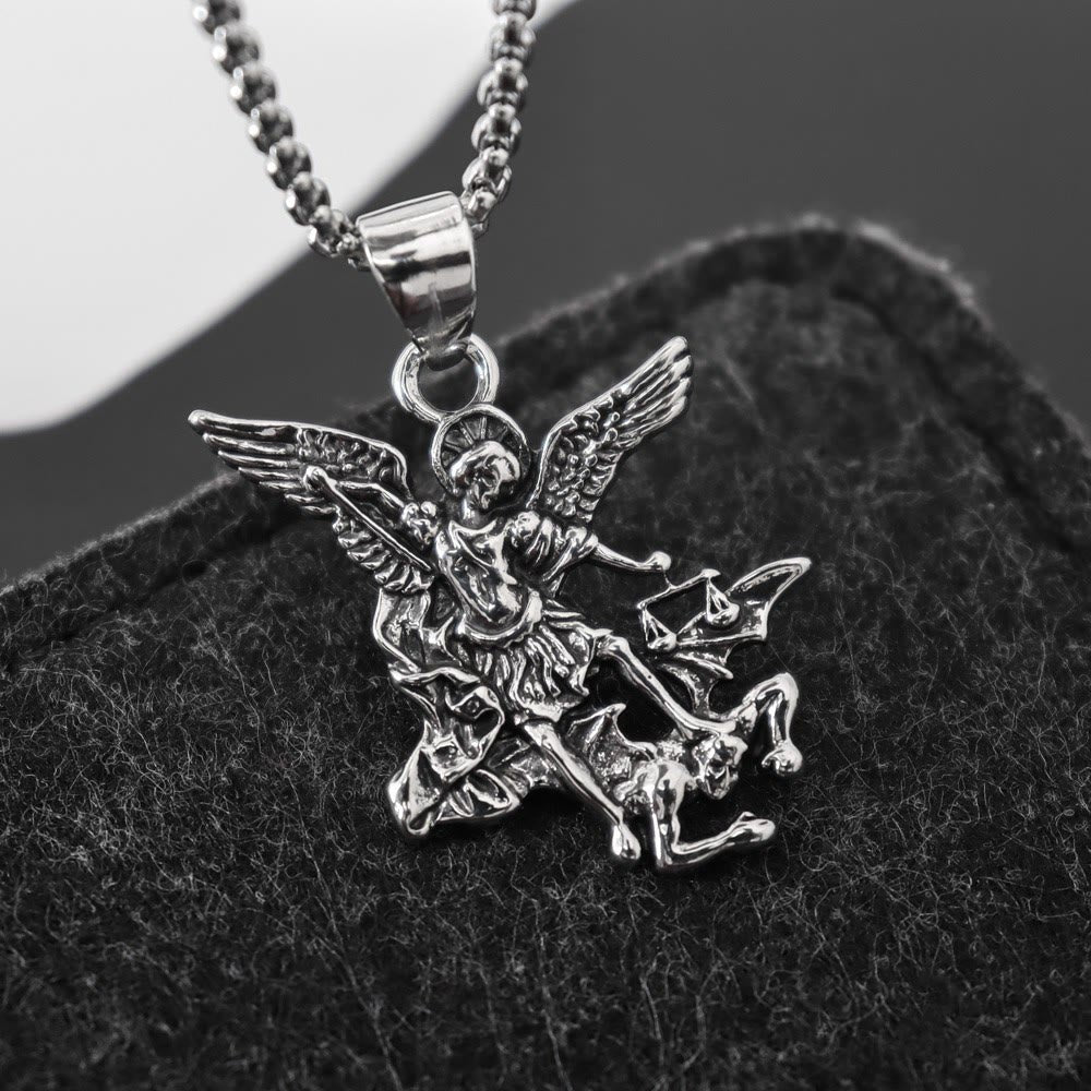 Intricate Sculpted St.Michael Pendant Necklace With Justice Scales: Emblem Of Mighty Heavenly Safeguard