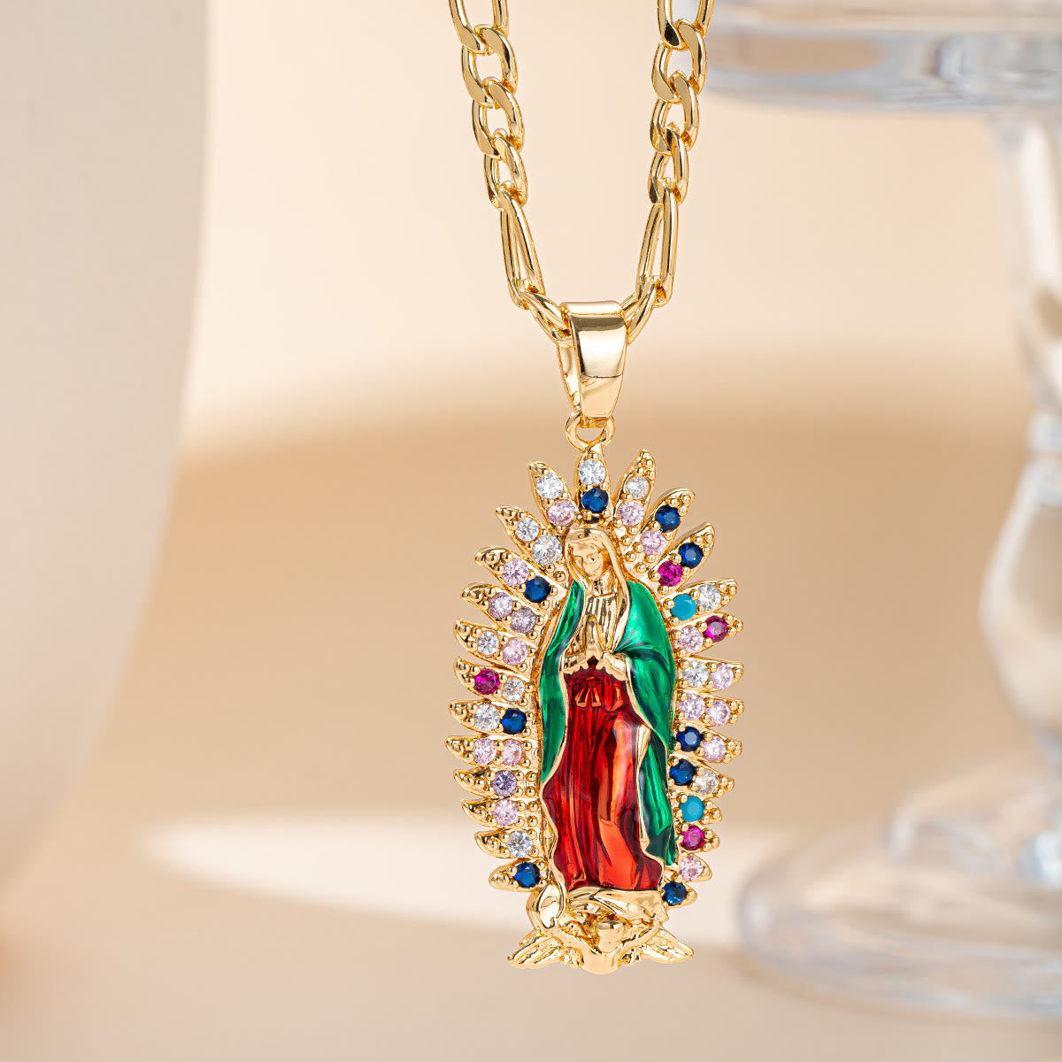 Guadalupe Radiant Halo Pendant Necklace: Emblem of Gentle Heavenly Blessing