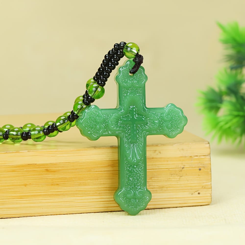 Textured Glass Cross Pendant With Beaded Strand: Emblem of Serene Divine Grace