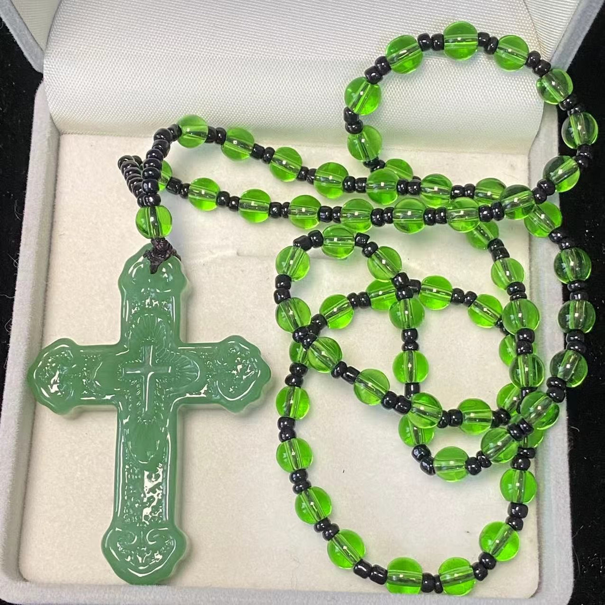 Textured Glass Cross Pendant With Beaded Strand: Emblem of Serene Divine Grace