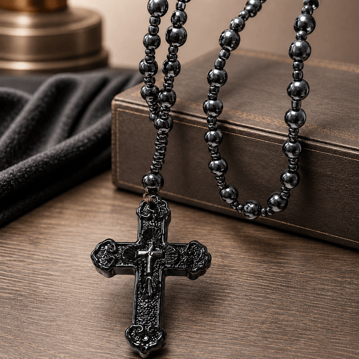 Textured Glass Cross Pendant With Beaded Strand: Emblem of Serene Divine Grace