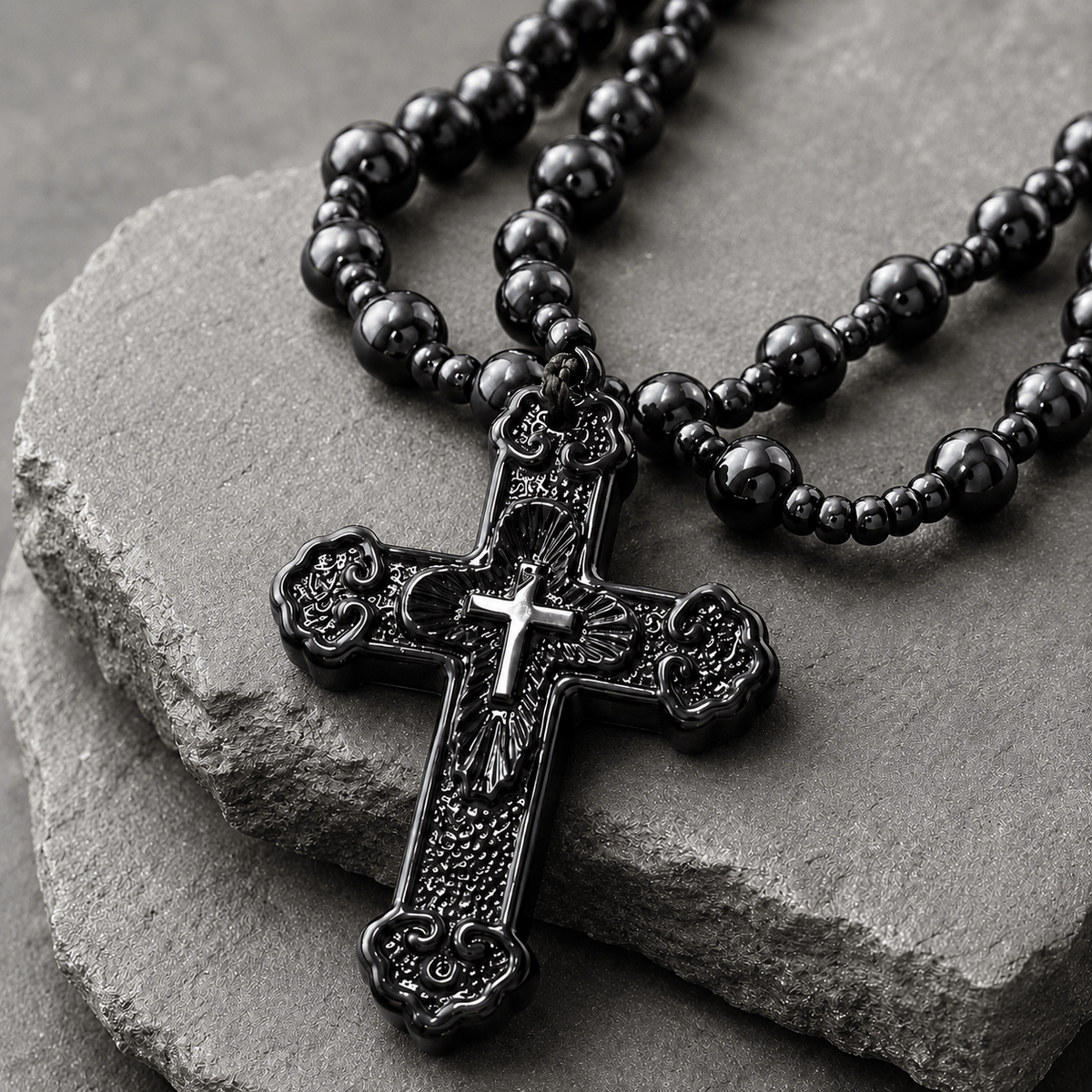Textured Glass Cross Pendant With Beaded Strand: Emblem of Serene Divine Grace