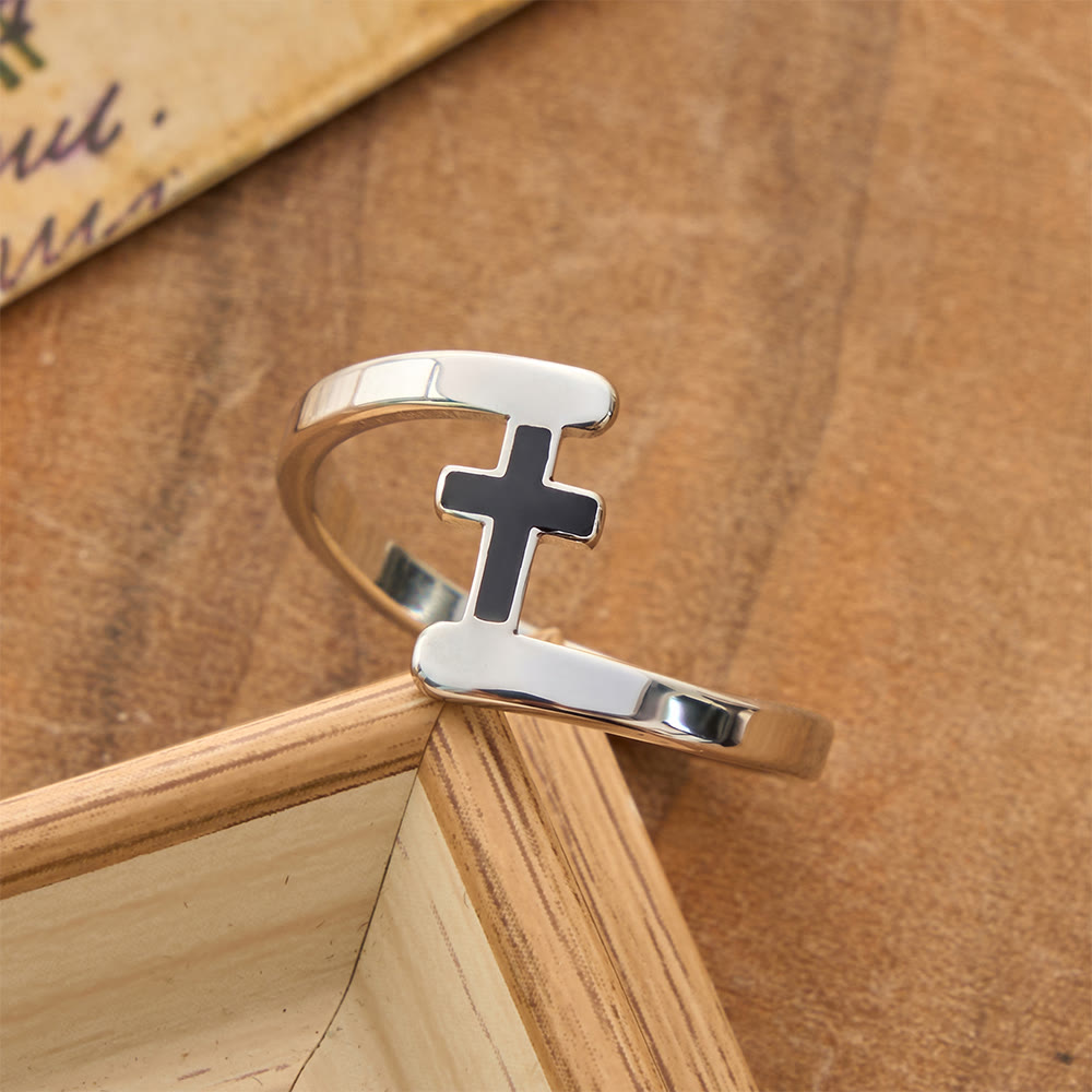 Curved Frame Black Inlay Cross Ring: Token of Enduring Celestial Guidance
