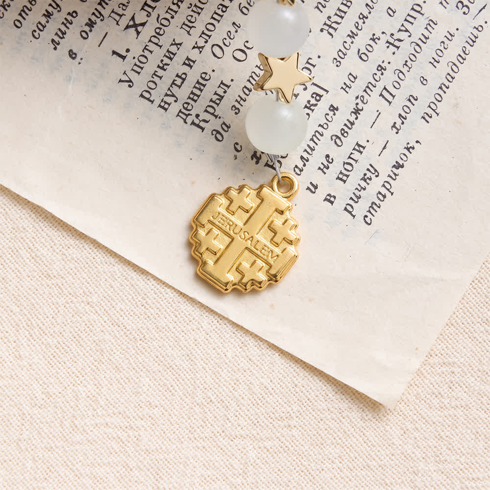 Star‑Spaced White Crystal Pocket Rosary With Jerusalem Cross Crucifix: Token Of Gentle Divine Shelter