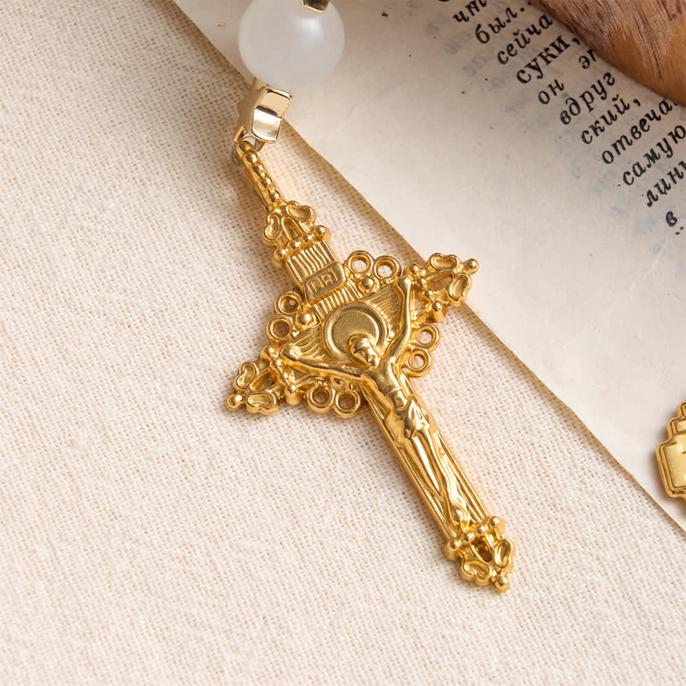Star‑Spaced White Crystal Pocket Rosary With Jerusalem Cross Crucifix: Token Of Gentle Divine Shelter