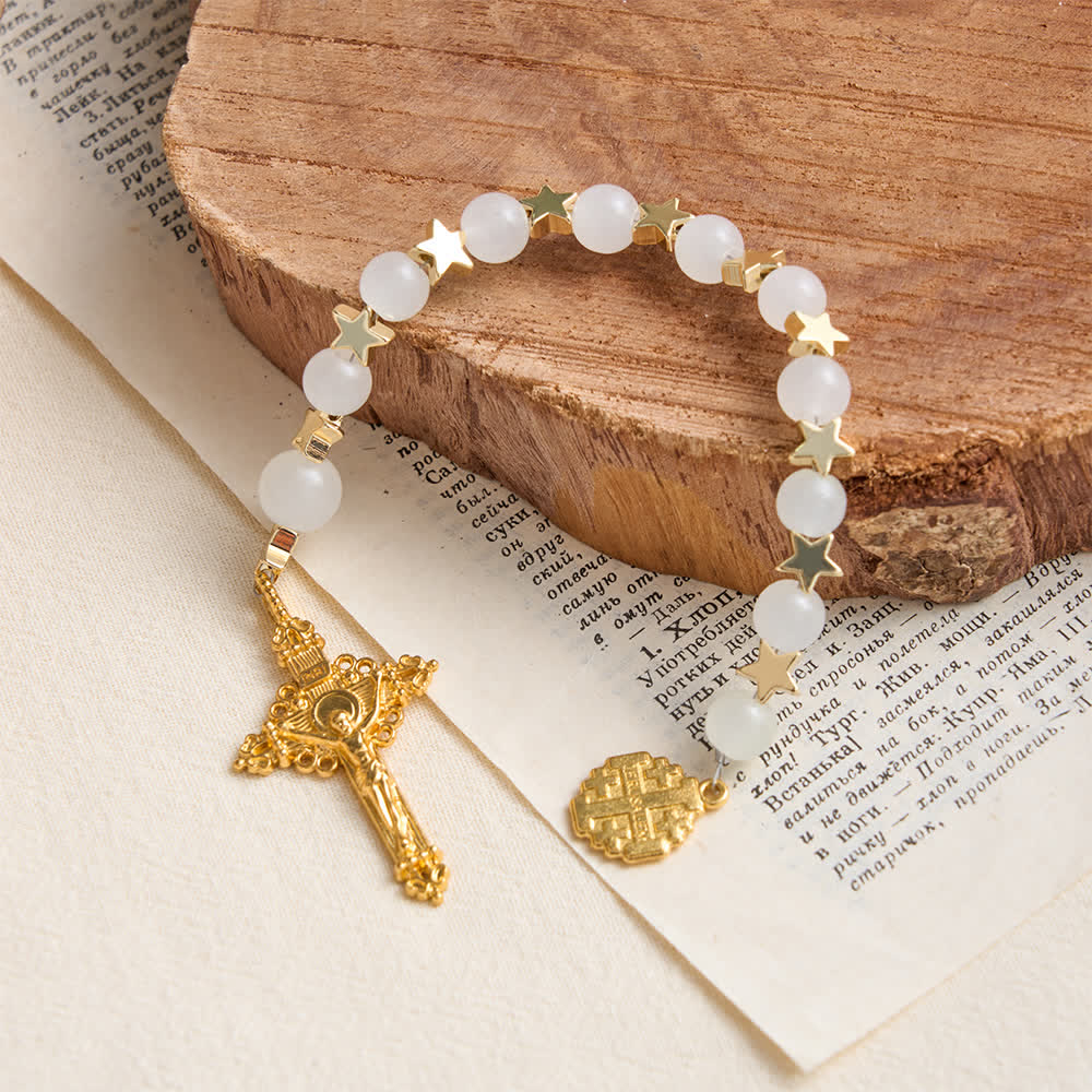Star‑Spaced White Crystal Pocket Rosary With Jerusalem Cross Crucifix: Token Of Gentle Divine Shelter