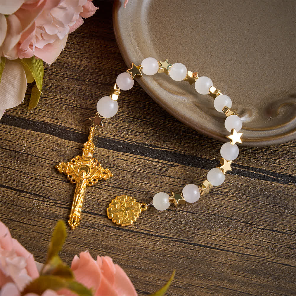 Star‑Spaced White Crystal Pocket Rosary With Jerusalem Cross Crucifix: Token Of Gentle Divine Shelter