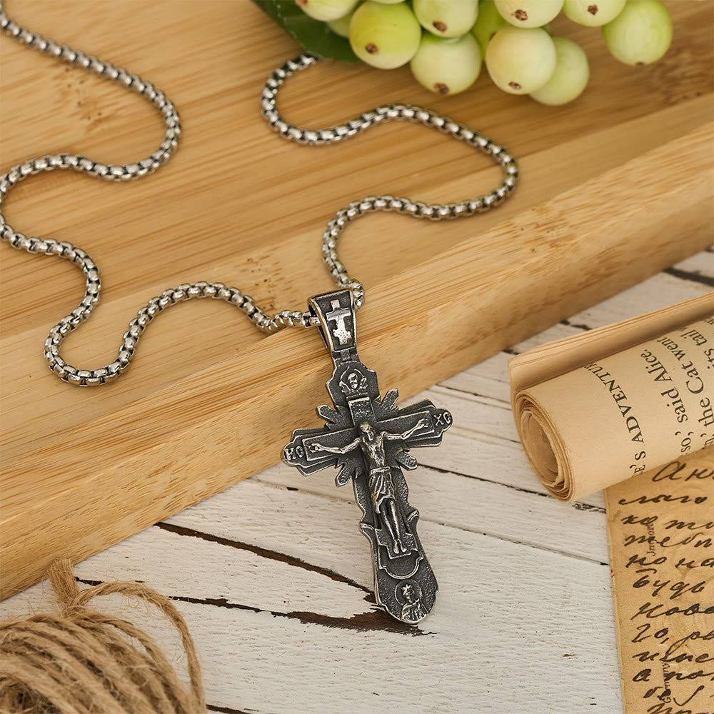 Embossed Figure Crucifix Pendant Necklace: Token of Abiding Sacred Shelter