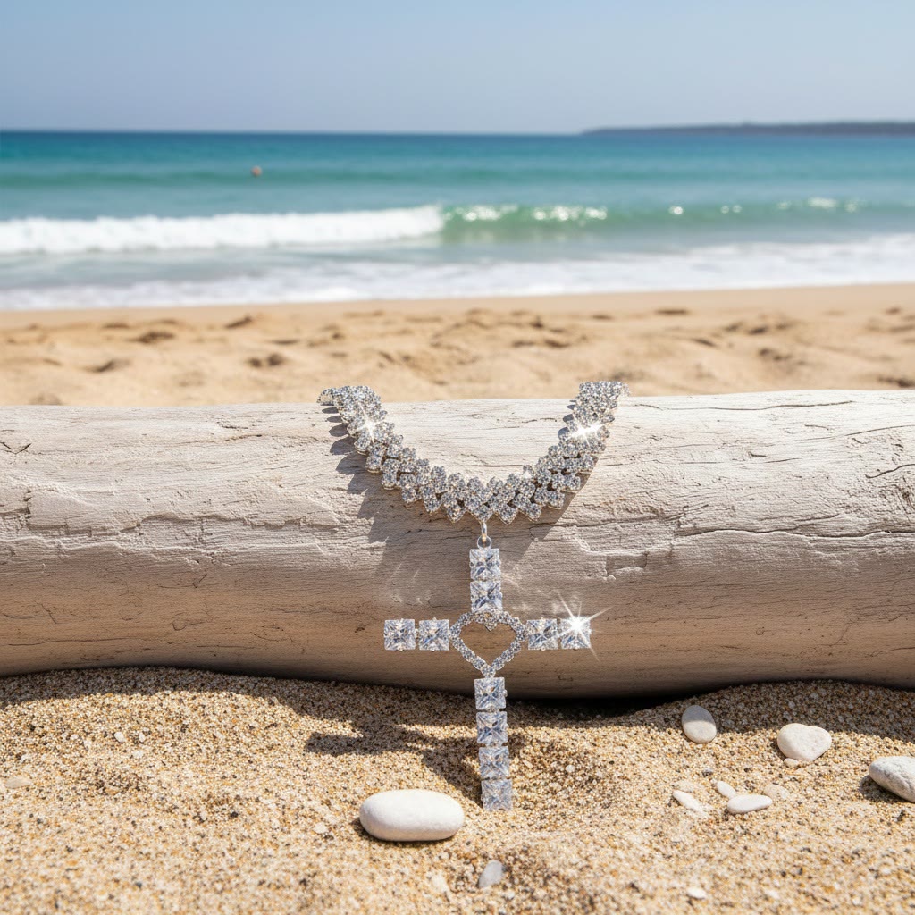 Glittering Faceted Heart Cross Choker: Token of Pure Celestial Affection