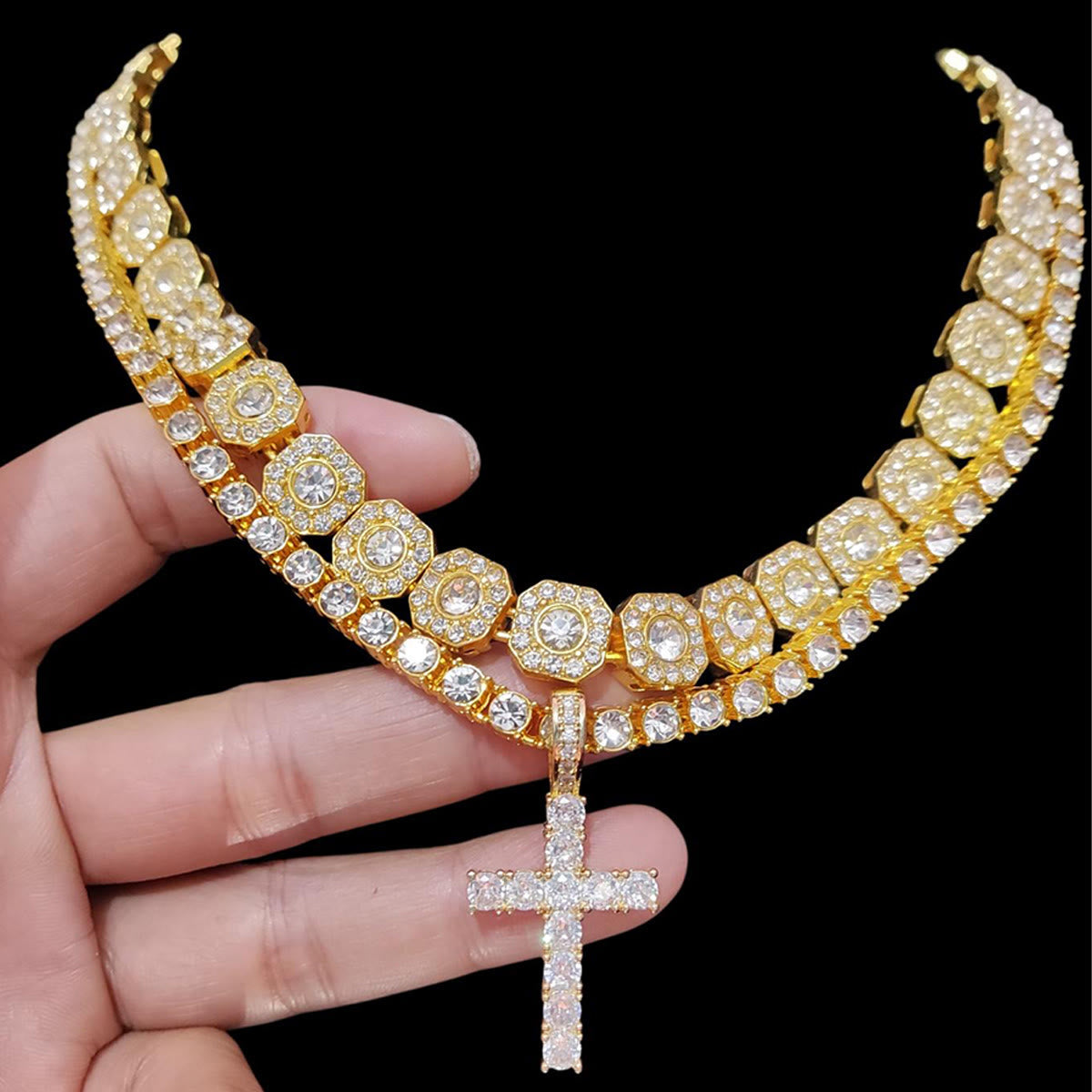 Dual Layer Iced Out Cross Necklace: Emblem of Radiant Heavenly Blessing
