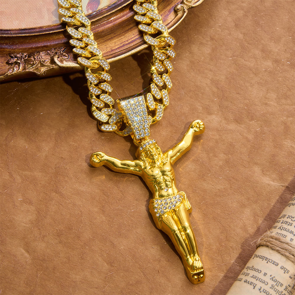 Bold Textured Crucifix Statement Curb Chain: Token of Radiant Sacred Shelter