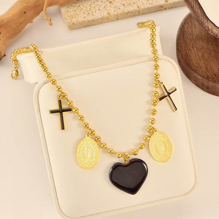 Vintage Cross & Sacred Medallion Ball Chain: Token of Gentle Celestial Guardianship