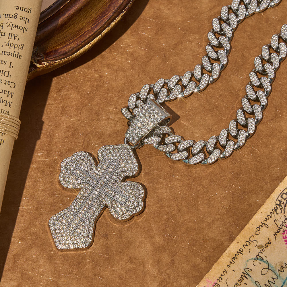 Chunky Sparkle Floral Cross Necklace: Symbol of Sturdy Sacred Protection