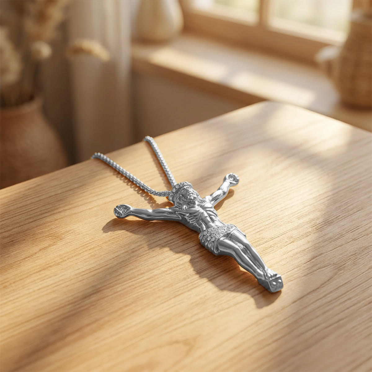 Sparkling Jesus Crucifix Chain Necklace: Sign of Gentle Celestial Shelter