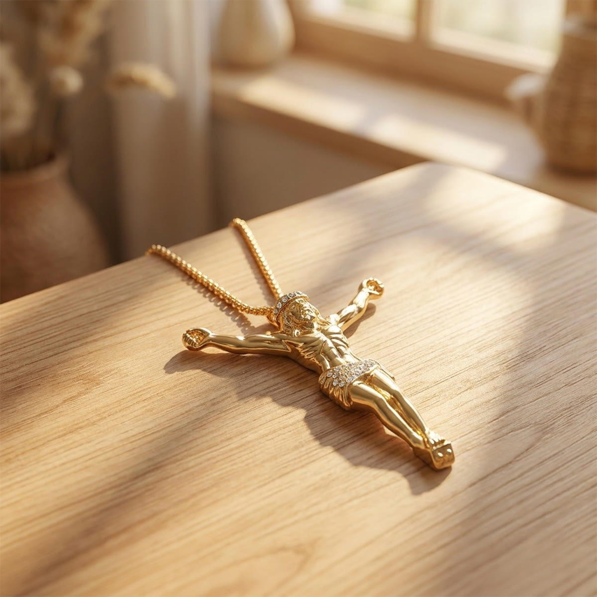 Sparkling Jesus Crucifix Chain Necklace: Sign of Gentle Celestial Shelter