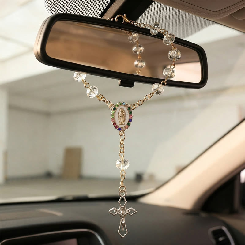 Elegant Enamel Medallion Crucifix Car Rosary: Emblem of Peace‑Filled Sacred Comfort
