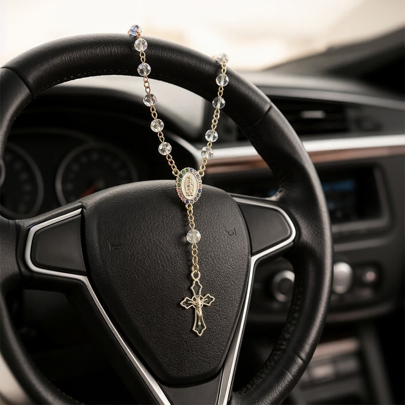 Elegant Enamel Medallion Crucifix Car Rosary: Emblem of Peace‑Filled Sacred Comfort