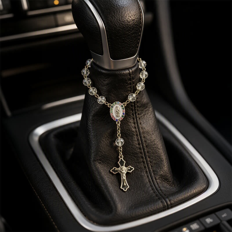 Elegant Enamel Medallion Crucifix Car Rosary: Emblem of Peace‑Filled Sacred Comfort