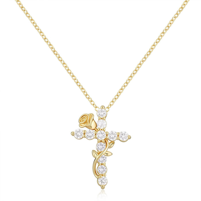 Crystal Rose Vine Cross Pendant Necklace: Token of Gentle Heavenly Mercy