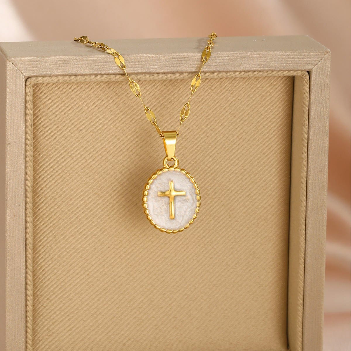 Textured Bezel Enamel Cross Oval Necklace: Symbol of Calm Celestial Serenity