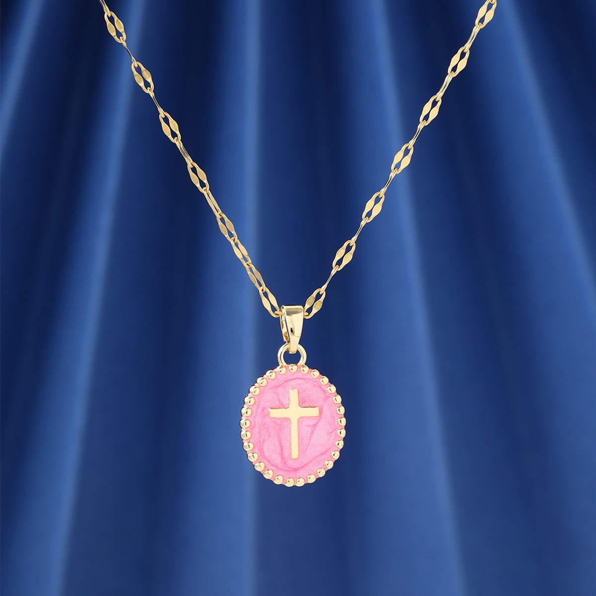 Textured Bezel Enamel Cross Oval Necklace: Symbol of Calm Celestial Serenity