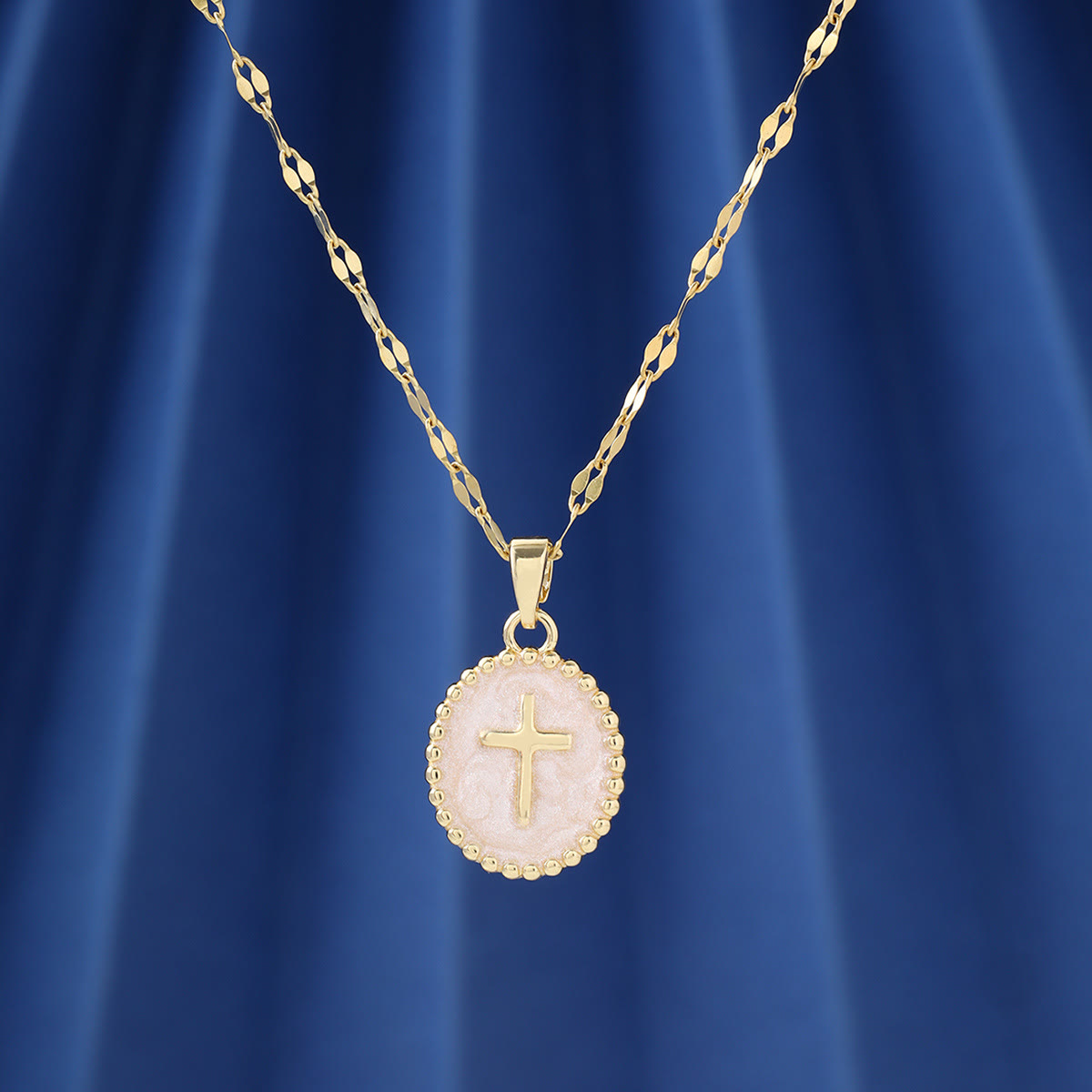 Textured Bezel Enamel Cross Oval Necklace: Symbol of Calm Celestial Serenity