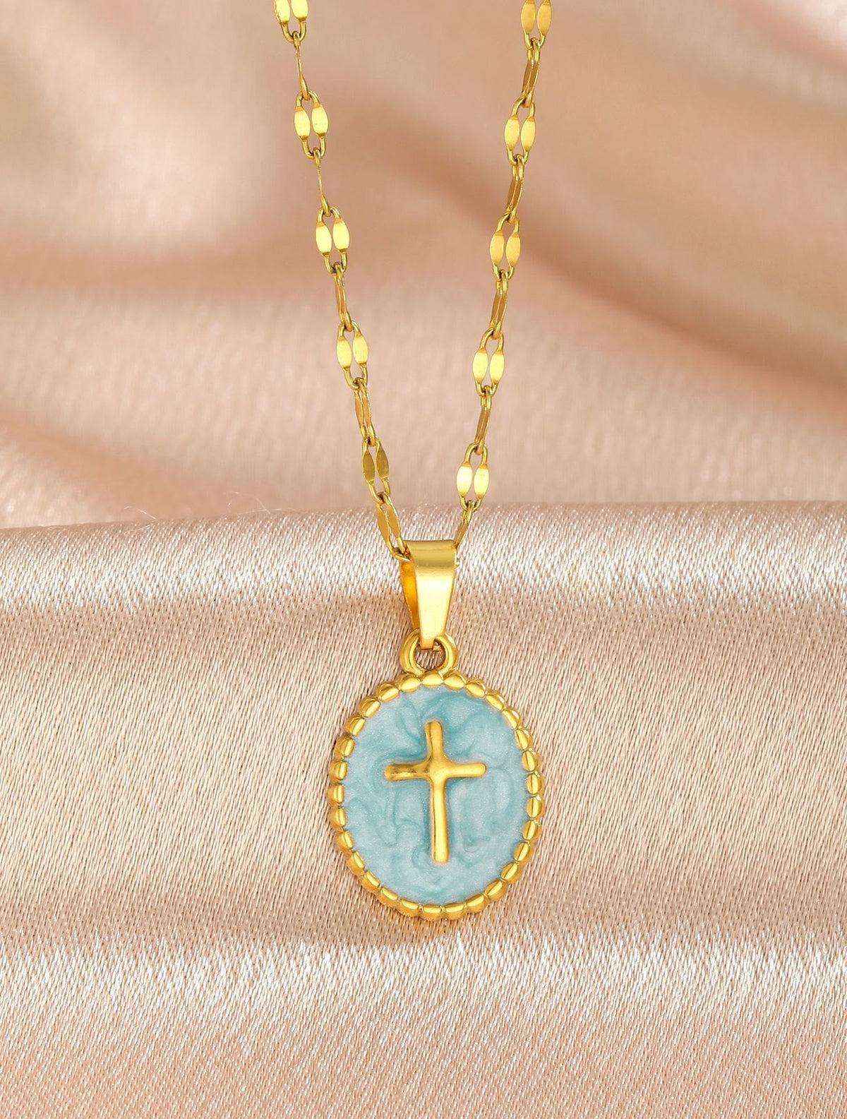 Textured Bezel Enamel Cross Oval Necklace: Symbol of Calm Celestial Serenity