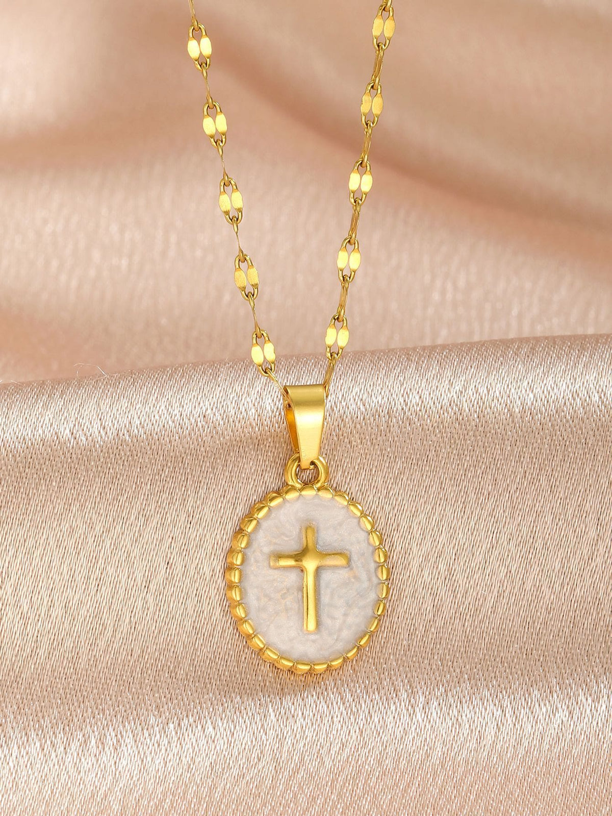 Textured Bezel Enamel Cross Oval Necklace: Symbol of Calm Celestial Serenity