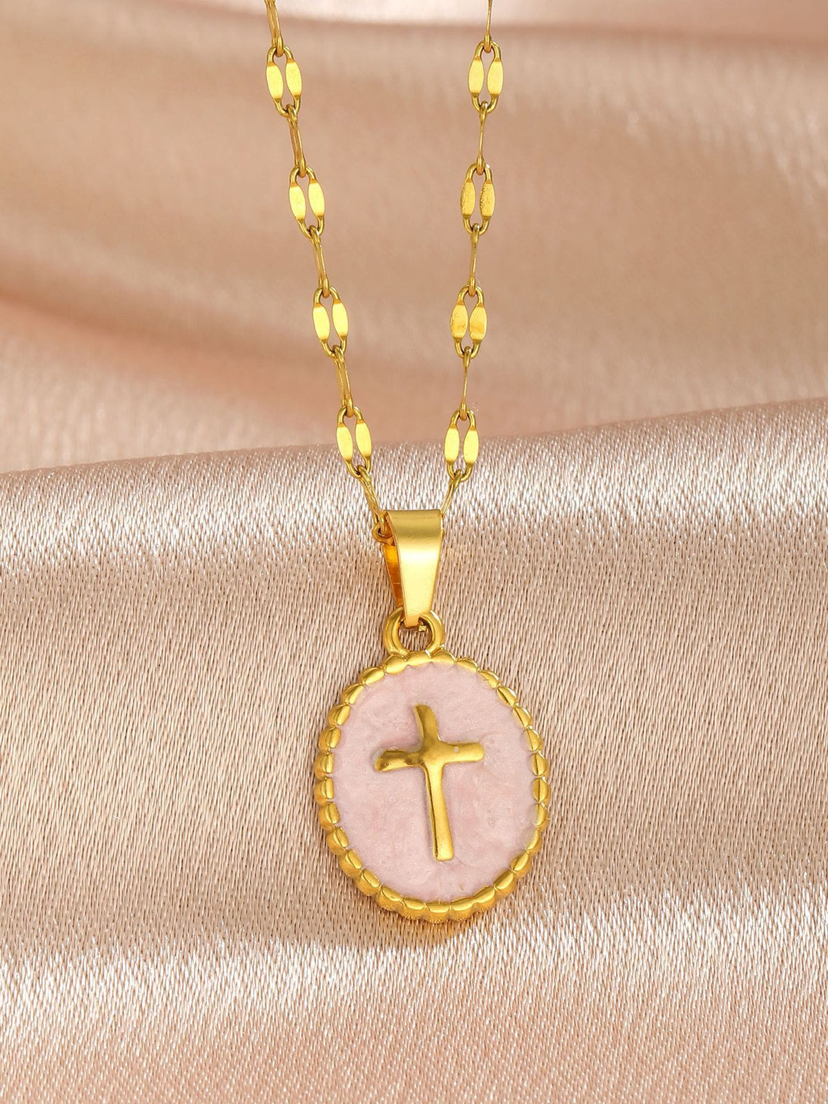 Textured Bezel Enamel Cross Oval Necklace: Symbol of Calm Celestial Serenity